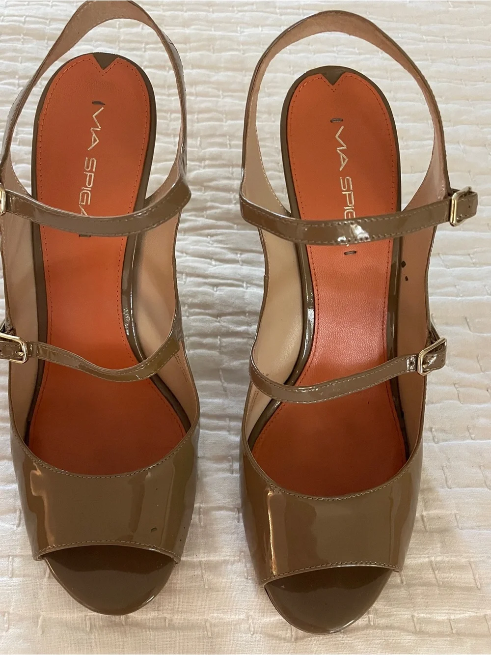 Via Spiga Taupe Patent Slingback Heels with Orange Insoles
